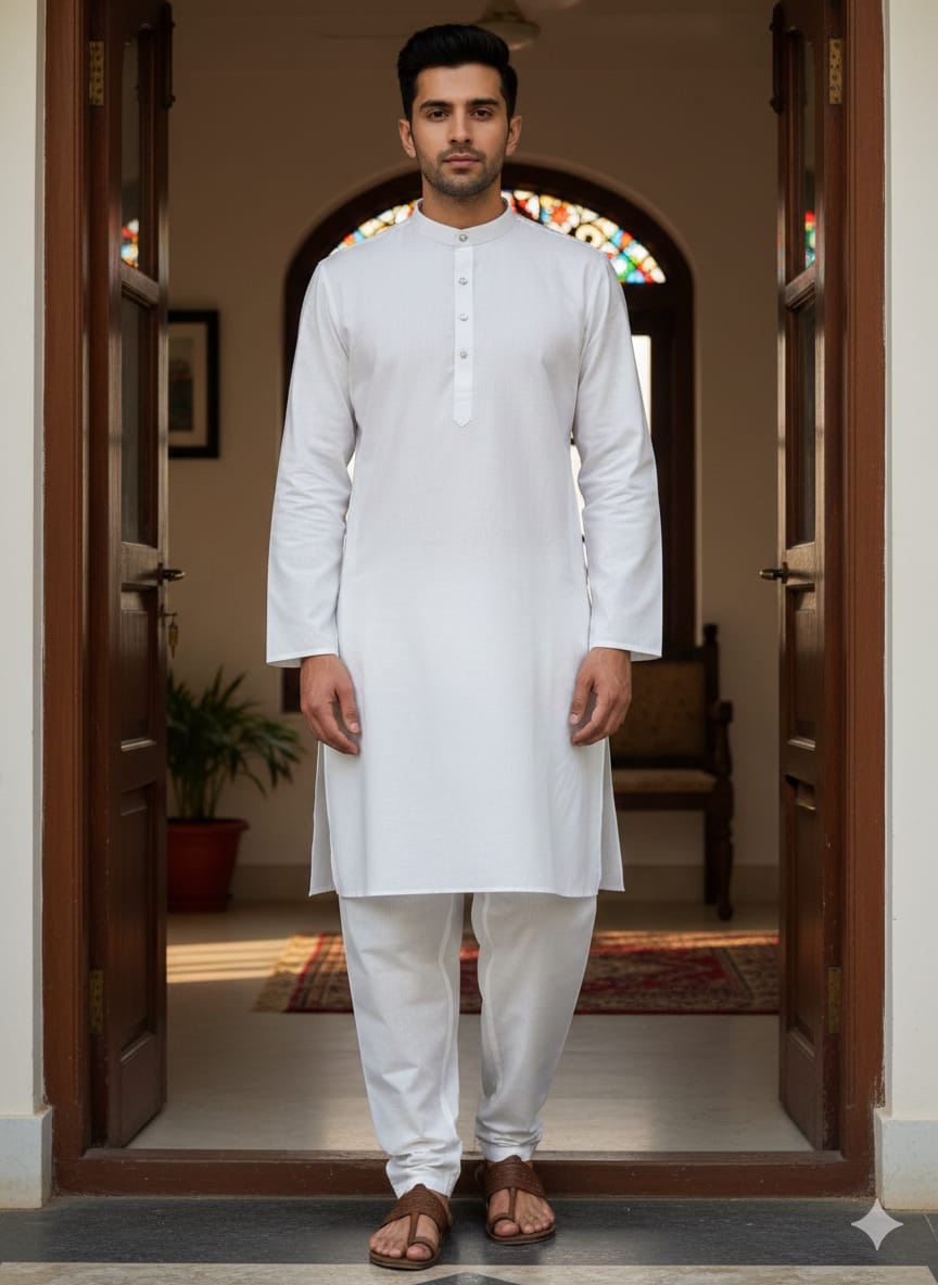 SOLID OFF-WHITE COTTON KURTA WITH PAJAMA