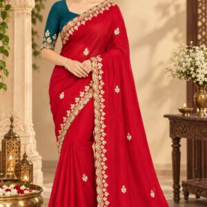 Internet Saree 
Elegance Redefined: Crimson Red Internet Saree with Contrasting Teal Blouse-
 Free Delivery 🚚
No Shipping charges