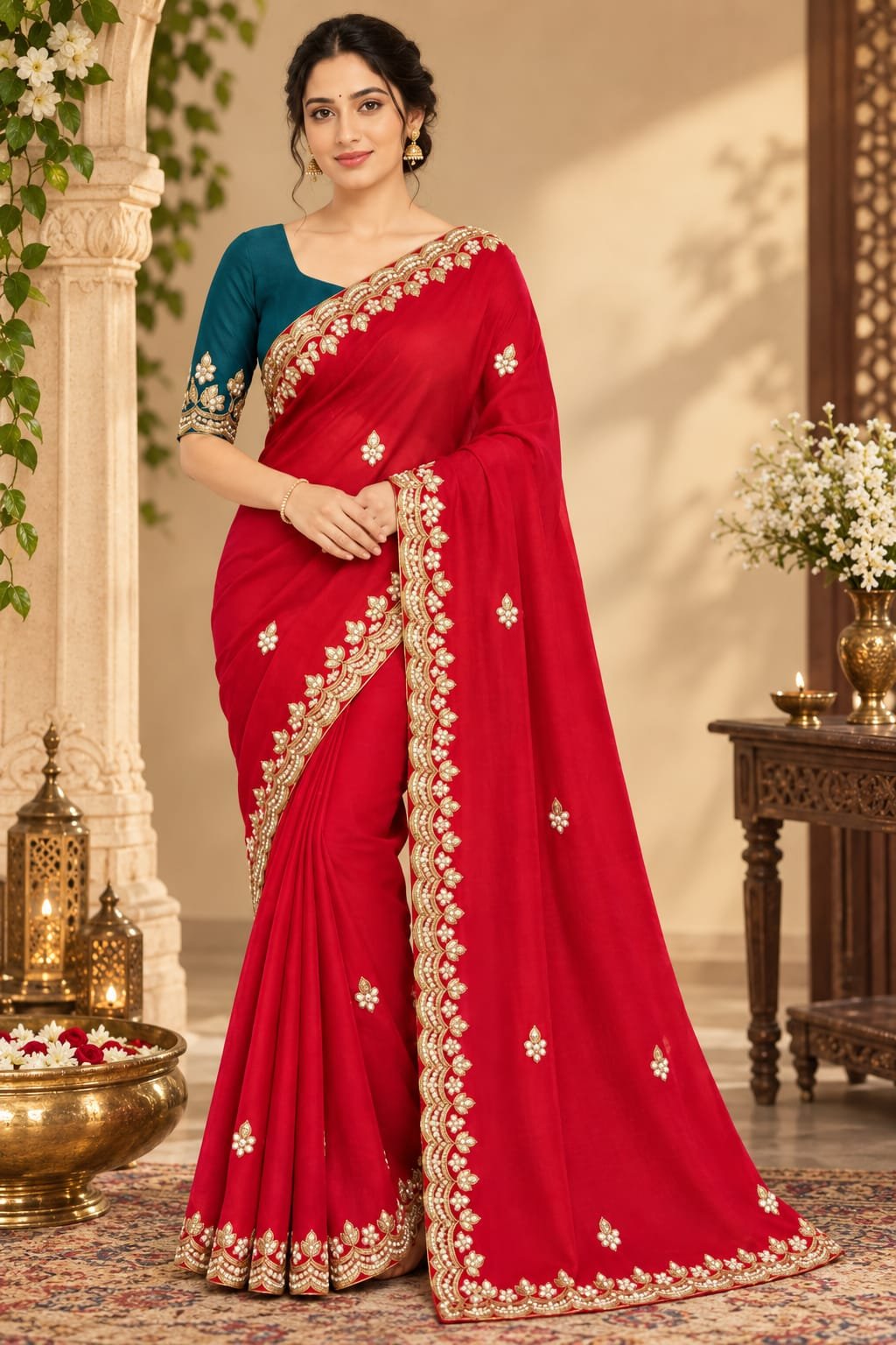 Internet Saree 
Elegance Redefined: Crimson Red Internet Saree with Contrasting Teal Blouse-
 Free Delivery 🚚
No Shipping charges
