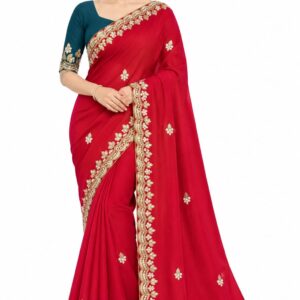 Internet Saree 
Elegance Redefined: Crimson Red Internet Saree with Contrasting Teal Blouse-
 Free Delivery 🚚
No Shipping charges