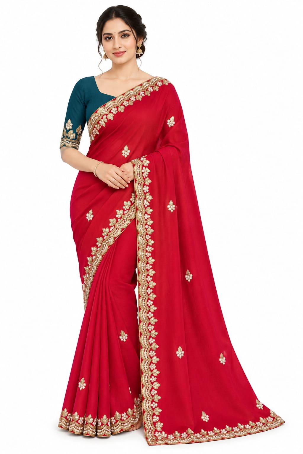 Internet Saree
Elegance Redefined: Crimson Red Internet Saree with Contrasting Teal Blouse-
Free Delivery π
No Shipping charges - Image 4