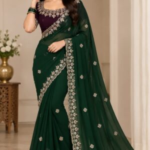 Internet Saree with Heavy Designer Blouse Fabric Emerald Green .