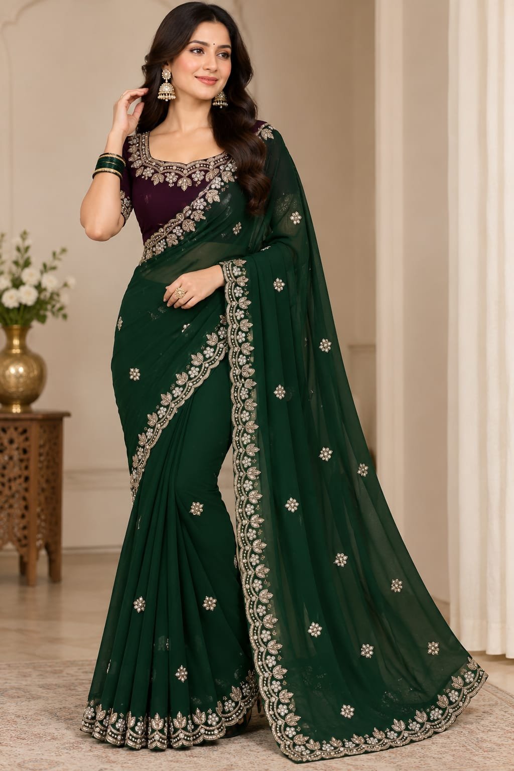 Internet Saree with Heavy Designer Blouse Fabric Emerald Green .