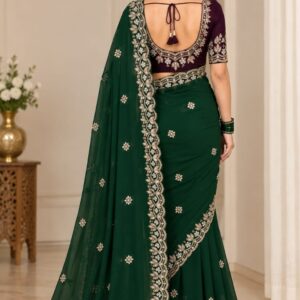 Internet Saree with Heavy Designer Blouse Fabric Emerald Green .
