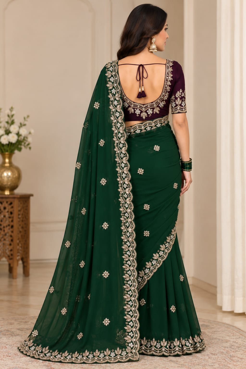 Internet Saree with Heavy Designer Blouse Fabric Emerald Green . - Image 2